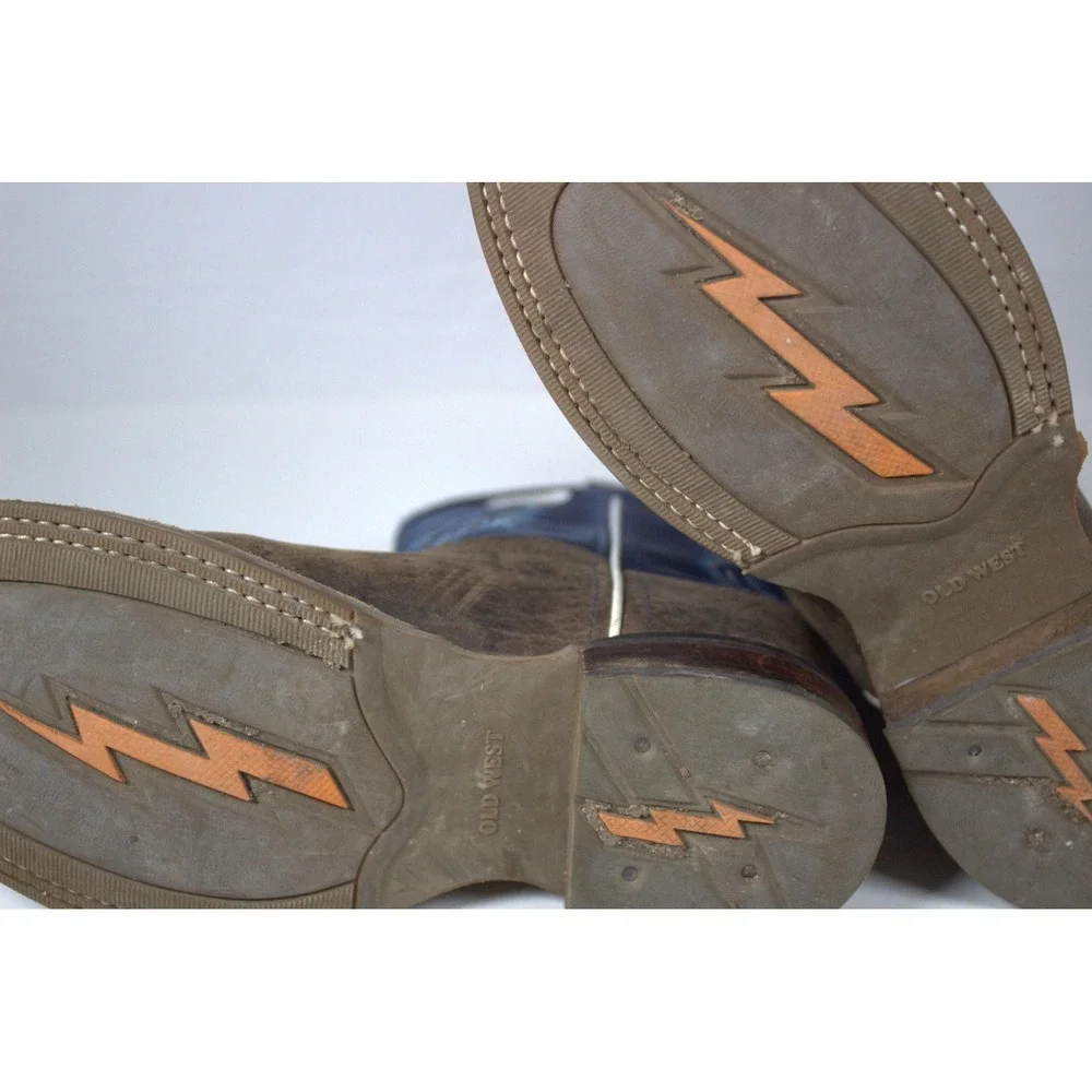 Old West Youth 3 D Western Boots Broad Square Toe Brown Blue Leather Cowboy